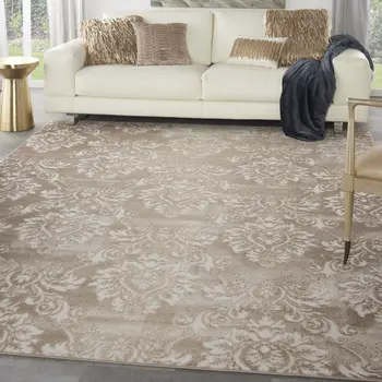 8' X 10' Ivory and Tan Damask Distressed Non Skid Area Rug