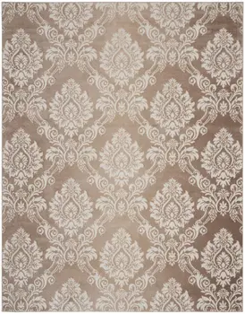 8' X 10' Ivory and Tan Damask Distressed Non Skid Area Rug