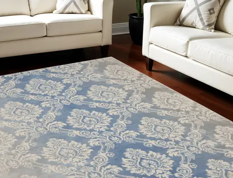 8' X 10' Ivory and Blue Damask Distressed Non Skid Area Rug