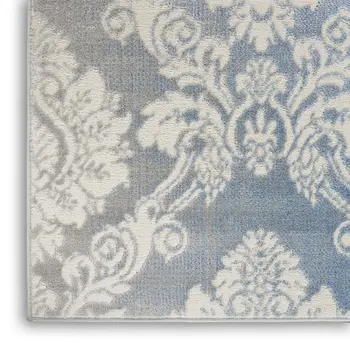 8' X 10' Ivory and Blue Damask Distressed Non Skid Area Rug