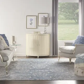 8' X 10' Ivory and Blue Damask Distressed Non Skid Area Rug