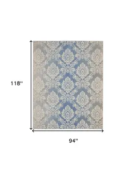 8' X 10' Ivory and Blue Damask Distressed Non Skid Area Rug