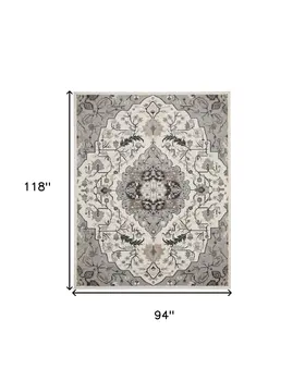 8' X 10' Ivory Black and Gray Floral Non Skid Area Rug