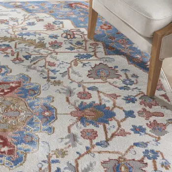 8' X 10' Ivory and Blue Floral Non Skid Area Rug