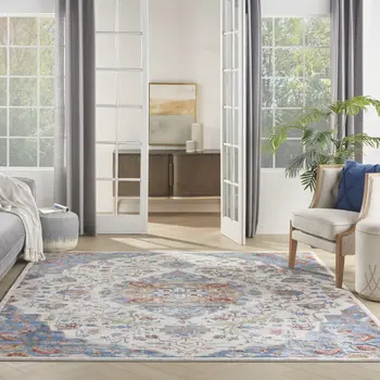 8' X 10' Ivory and Blue Floral Non Skid Area Rug