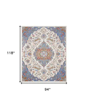 8' X 10' Ivory and Blue Floral Non Skid Area Rug