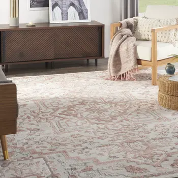8' X 10' Ivory and Red Floral Non Skid Area Rug