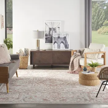 8' X 10' Ivory and Red Floral Non Skid Area Rug