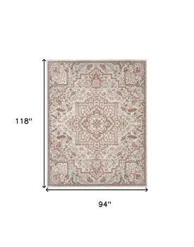 8' X 10' Ivory and Red Floral Non Skid Area Rug