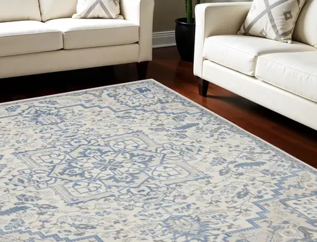 8' X 10' Ivory and Blue Floral Non Skid Area Rug