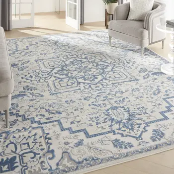 8' X 10' Ivory and Blue Floral Non Skid Area Rug