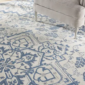 8' X 10' Ivory and Blue Floral Non Skid Area Rug
