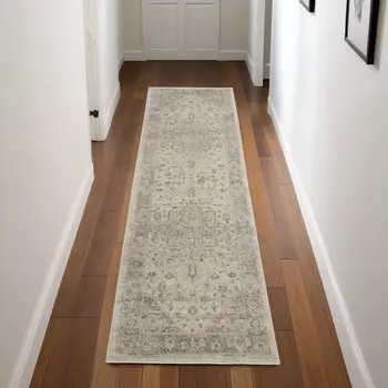 7' Ivory Pink And Gray Floral Medallion Distressed Runner Rug