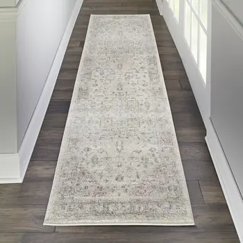 7' Ivory Pink And Gray Floral Medallion Distressed Runner Rug