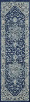 7' Ivory And Navy Blue Floral Medallion Distressed Runner Rug