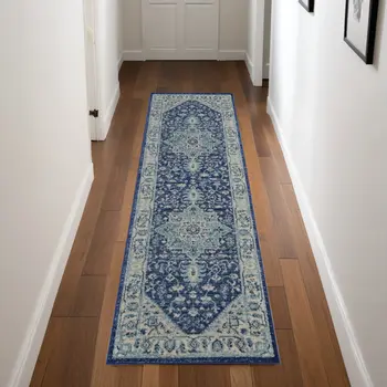 7' Ivory And Navy Blue Floral Medallion Distressed Runner Rug