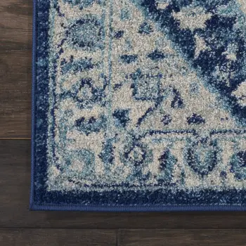 7' Ivory And Navy Blue Floral Medallion Distressed Runner Rug