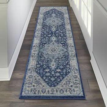 7' Ivory And Navy Blue Floral Medallion Distressed Runner Rug
