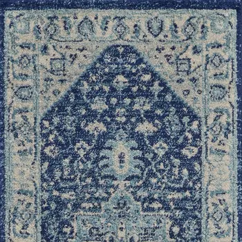 7' Ivory And Navy Blue Floral Medallion Distressed Runner Rug