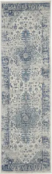 7' Ivory And Light Blue Floral Medallion Distressed Runner Rug
