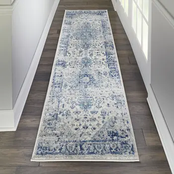 7' Ivory And Light Blue Floral Medallion Distressed Runner Rug