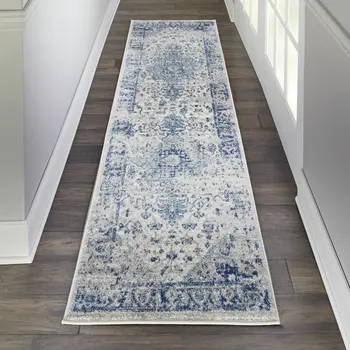 7' Ivory And Light Blue Floral Medallion Distressed Runner Rug