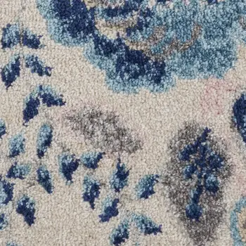 7' Ivory Navy Blue And Light Blue Floral Runner Rug