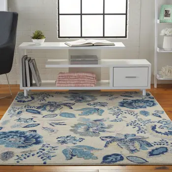 7' Ivory Navy Blue And Light Blue Floral Runner Rug