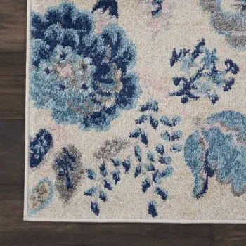 7' Ivory Navy Blue And Light Blue Floral Runner Rug