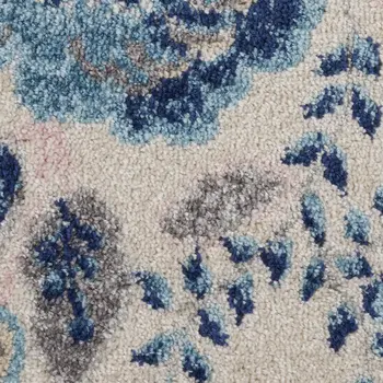 7' Ivory Navy Blue And Light Blue Floral Runner Rug