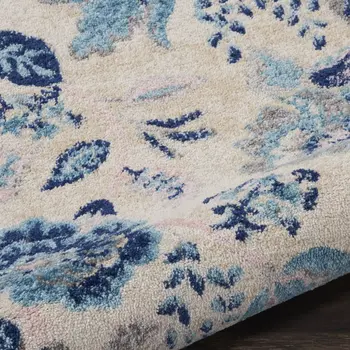 7' Ivory Navy Blue And Light Blue Floral Runner Rug