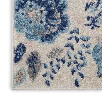 7' Ivory Navy Blue And Light Blue Floral Runner Rug