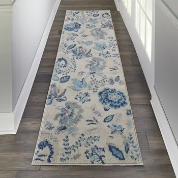 7' Ivory Navy Blue And Light Blue Floral Runner Rug