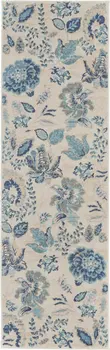 7' Ivory Navy Blue And Light Blue Floral Runner Rug