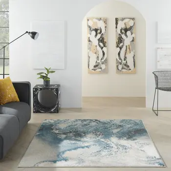 5' X 7' Teal and Ivory Abstract Non Skid Area Rug