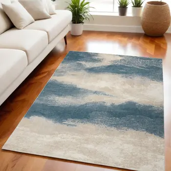 5' X 7' Teal and Ivory Abstract Non Skid Area Rug