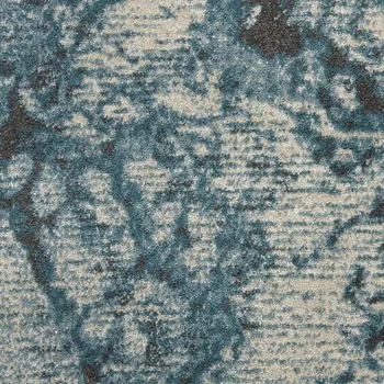 8' Ivory Teal Blue and Black Abstract Non Skid Runner Rug