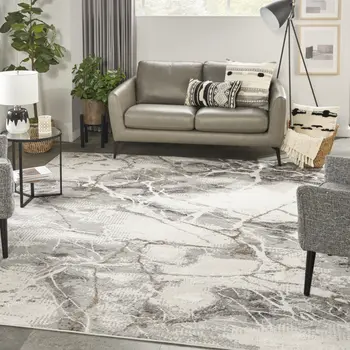 8' X 10' Ivory Black and Gray Abstract Non Skid Area Rug
