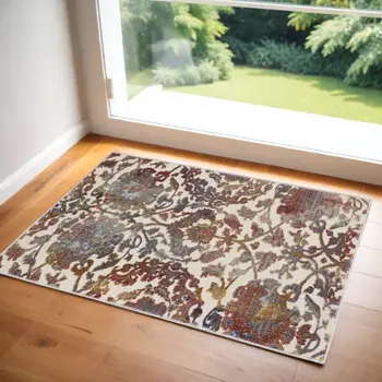 2' X 4' White and Golden Brown Floral Distressed Non Skid Area Rug
