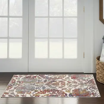 2' X 4' White and Golden Brown Floral Distressed Non Skid Area Rug