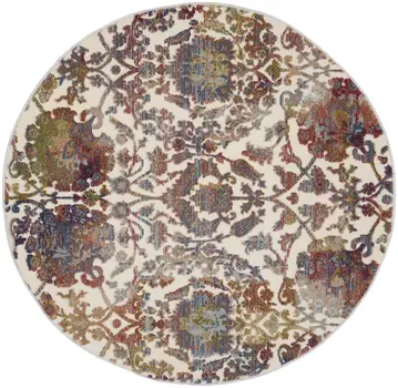 4' White and Golden Brown Floral Distressed Non Skid Round Rug