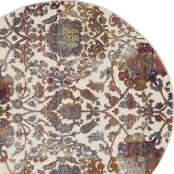4' White and Golden Brown Floral Distressed Non Skid Round Rug