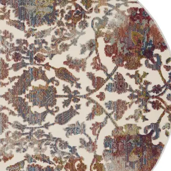 4' White and Golden Brown Floral Distressed Non Skid Round Rug