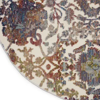 4' White and Golden Brown Floral Distressed Non Skid Round Rug