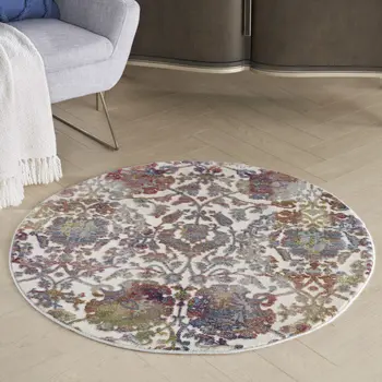 4' White and Golden Brown Floral Distressed Non Skid Round Rug