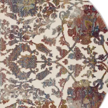 4' White and Golden Brown Floral Distressed Non Skid Round Rug