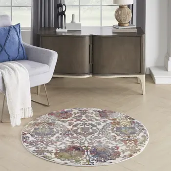 4' White and Golden Brown Floral Distressed Non Skid Round Rug