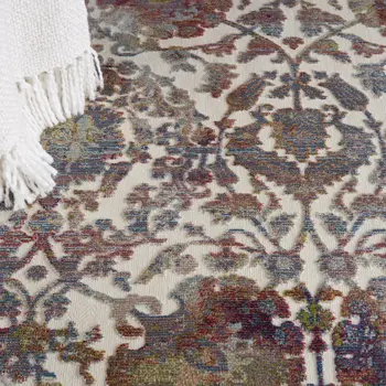 4' White and Golden Brown Floral Distressed Non Skid Round Rug