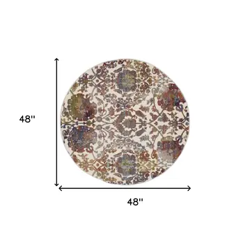 4' White and Golden Brown Floral Distressed Non Skid Round Rug