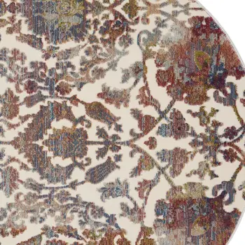 4' White and Golden Brown Floral Distressed Non Skid Round Rug